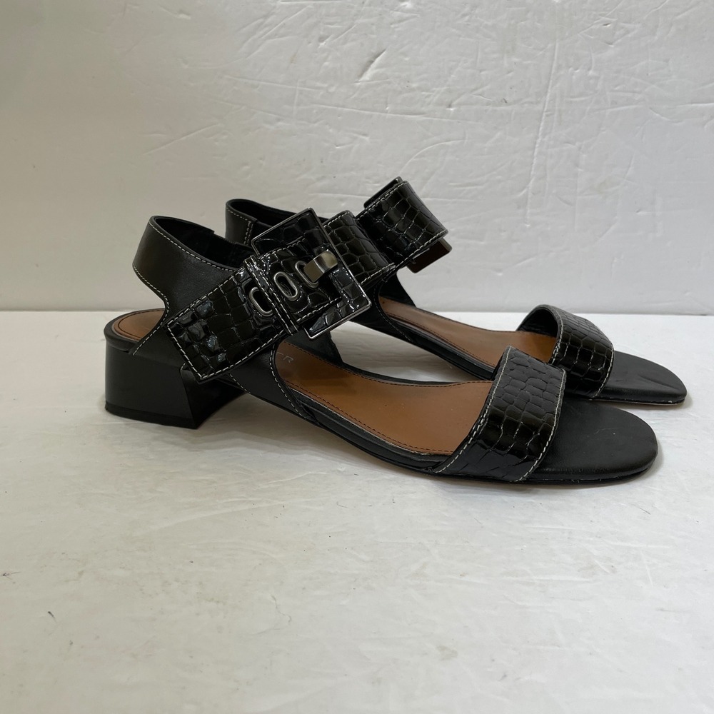 DONALD J PLINER VIXI SANDALS IN BLACK CROC EMBOSSED PATENT LEATHER